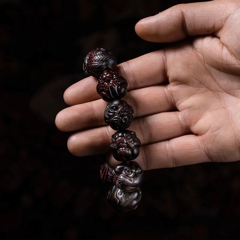 Karma Stone Chinese Zodiac Engraved Small Leaf Red Sandalwood Protection Bracelet