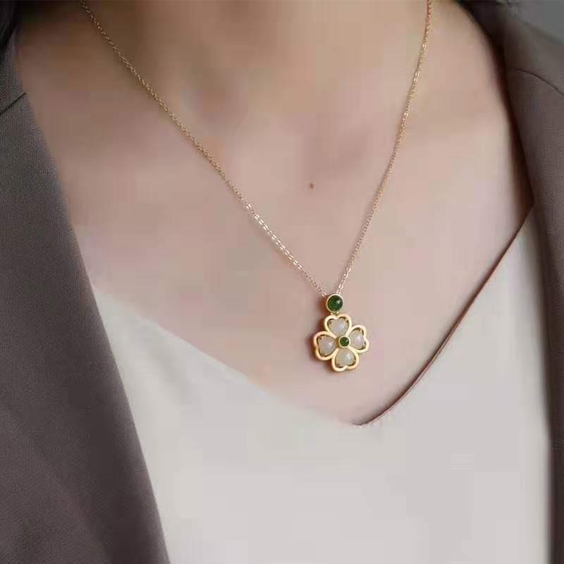 Karma Stone 925 Sterling Silver Lucky Four Leaf Clover Jade Prosperity Necklace Chain Pendant