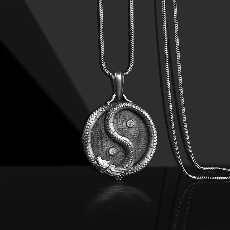 Karma Stone Pure Tin Yin Yang Dragon Luck Strength Necklace Pendant