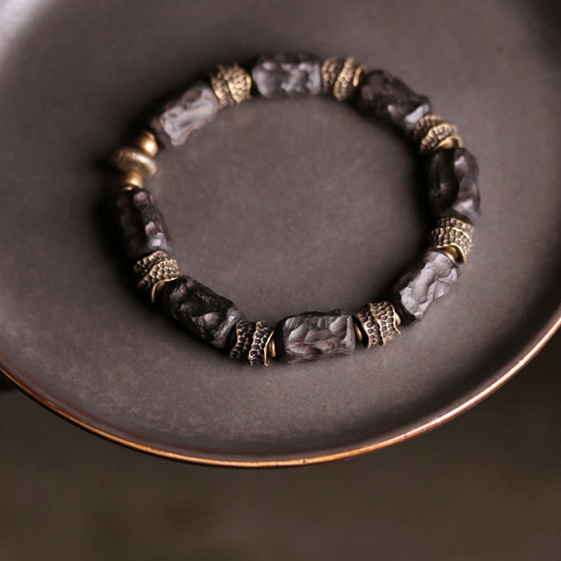 Karma Stone Tibetan Ebony Wood Copper Calm Peace Bracelet