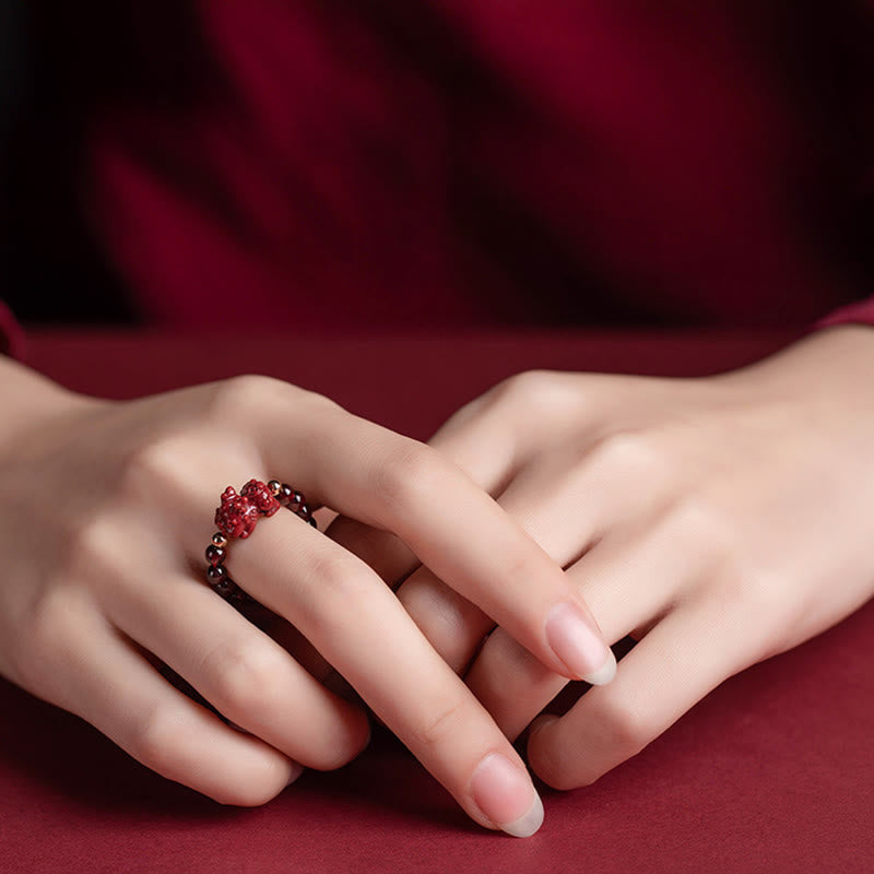 Karma Stone Garnet Cinnabar Lucky Bead PiXiu Om Mani Padme Hum Rose Protection Ring