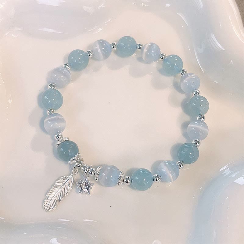 Karma Stone 925 Sterling Silver Aquamarine Cat's Eye Healing Feather Star Charm Bracelet