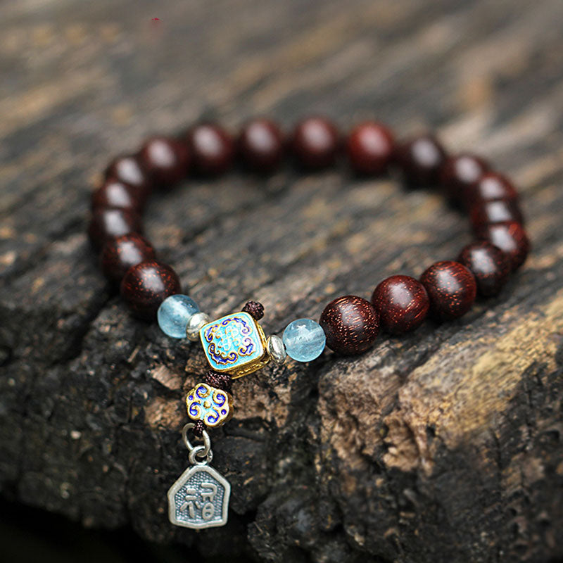 Karma Stone 925 Sterling Silver Indian Small Leaf Red Sandalwood Aquamarine Full of Gold Star Chinese Knotting Blessing Bracelet