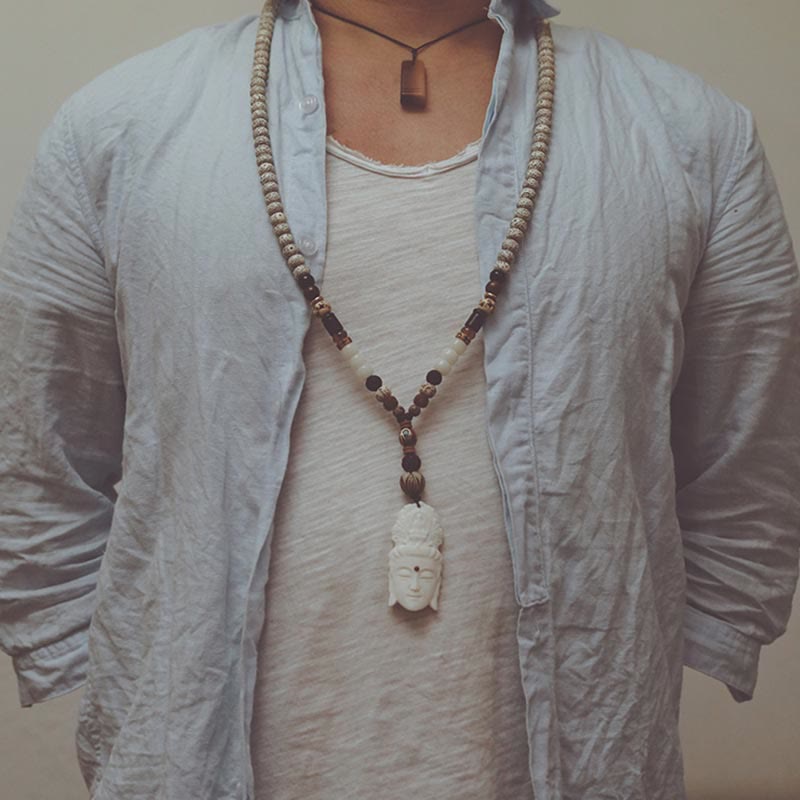 Karma Stone 108 Mala Beads Bodhi Seed Yak Bone Avalokitesvara Lucky Pixiu Guan Gong Buddha Demon Peace Tassel Bracelet