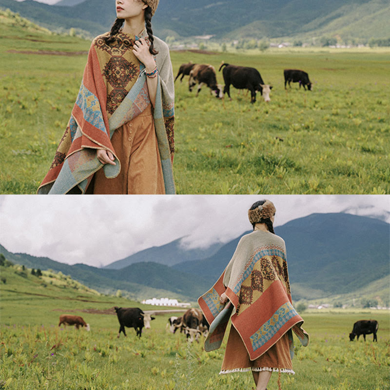 Karma Stone Tibetan Shawl Diamond Pattern Winter Warm Cloak Scarf