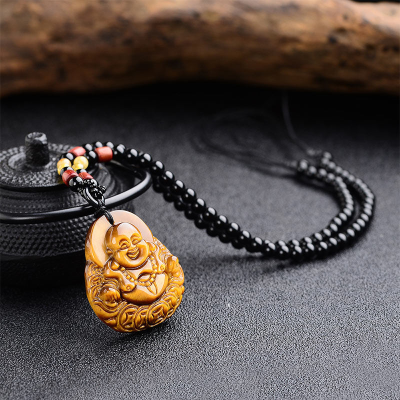 Karma Stone Tiger's Eye Laughing Buddha Blessing Necklace
