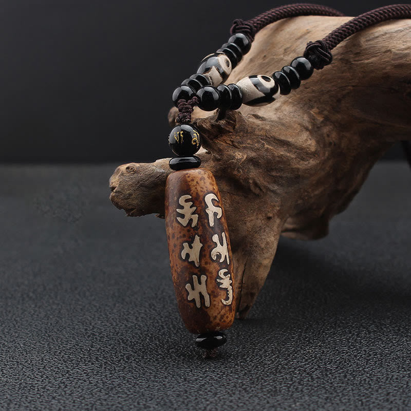 Karma Stone Tibet Om Mani Padme Hum Dzi Bead Avalokitesvara Pattern Wealth Necklace Pendant