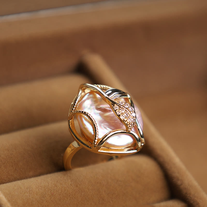 Karma Stone Pearl Copper Plated Gold Flower Happiness Wealth Ring