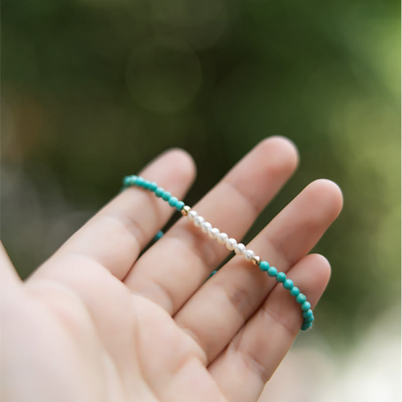 Karma Stone 925 Sterling Silver Natural Turquoise Pearl Beaded Bracelet