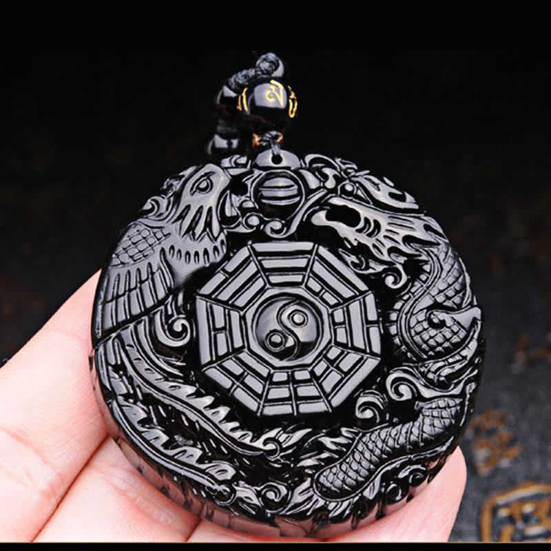 Karma Stone Bagua Dragon Phoenix Obsidian Fulfilment Pendant Necklace