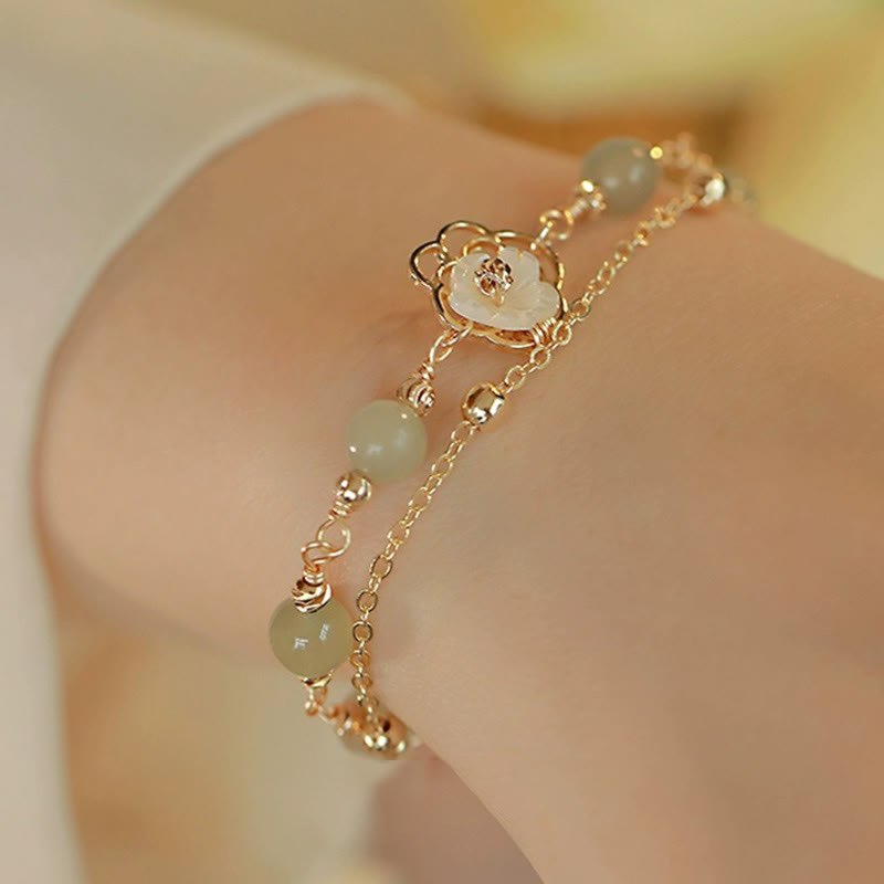 Karma Stone 14K Gold Plated Jade Butterfly Tridacna Stone Flower Double Layer Luck Bracelet