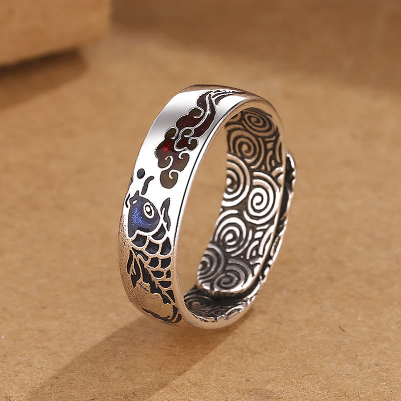 Karma Stone Koi Fish Auspicious Cloud Design Luck Wealth Ring