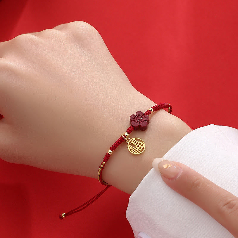 Karma Stone Cinnabar Flower Fu Character Blessing Braided String Bracelet