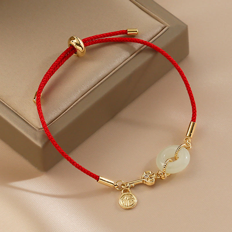 Karma Stone 18K Gold Plated Hetian Jade Peace Buckle Fu Character Luck Red Rope Bracelet
