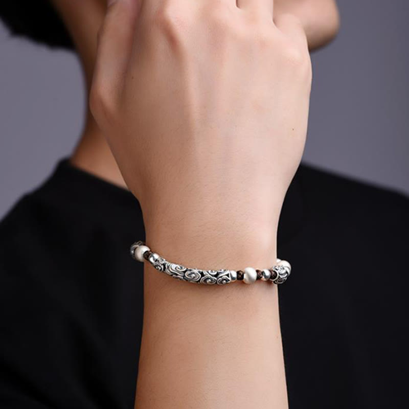 Karma Stone Tibet Handmade Copper 999 Sterling Silver Auspicious Cloud Wealth String Bracelet