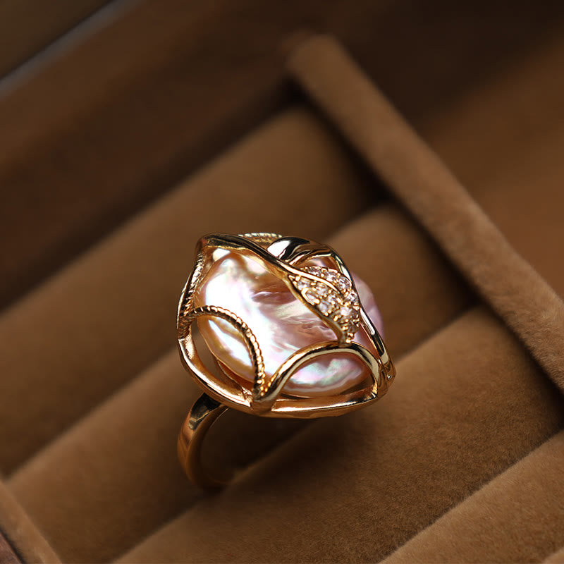 Karma Stone Pearl Copper Plated Gold Flower Happiness Wealth Ring