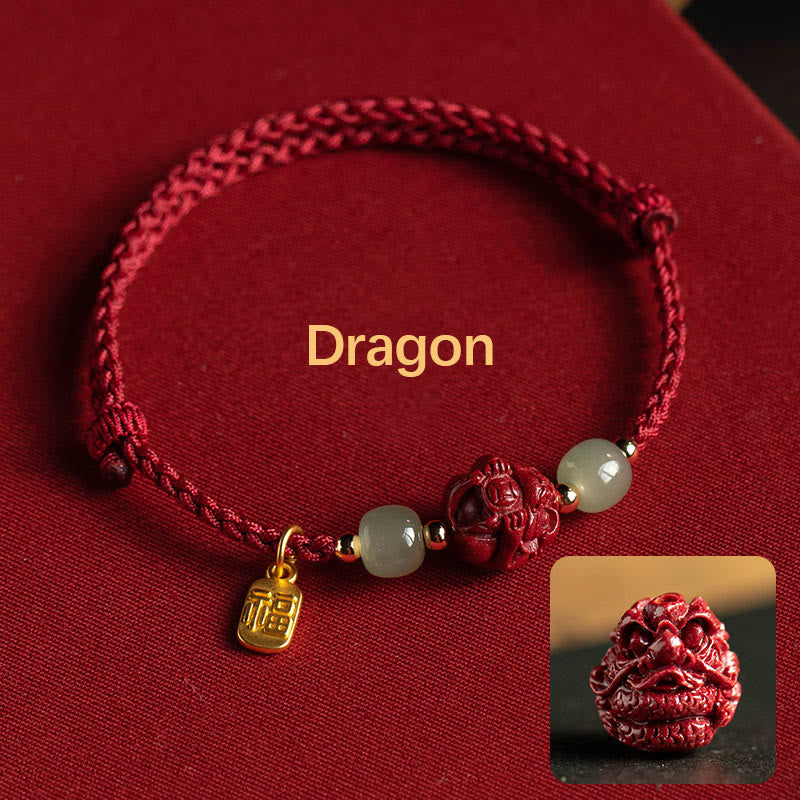 Karma Stone Natural Cinnabar Chinese Zodiac Hetian Jade Fu Character Luck Rope Bracelet