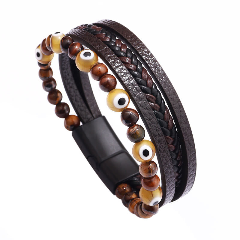 Karma Stone Evil Eye Tiger Eye Protection Beaded Multilayered Braided Bracelet