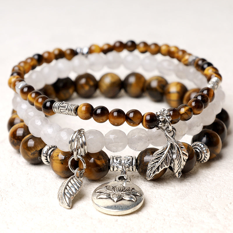 Karma Stone 3PCS Natural Quartz Crystal Beaded Healing Energy Lotus Bracelet