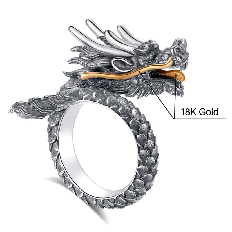 Karma Stone 925 Sterling Silver Vintage Dragon Design Protection Strength Adjustable Ring