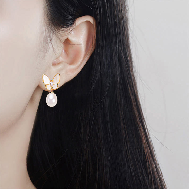 Karma Stone 925 Sterling Silver Posts 18K Gold Plated Copper Pearl Butterfly Optimism Stud Earrings