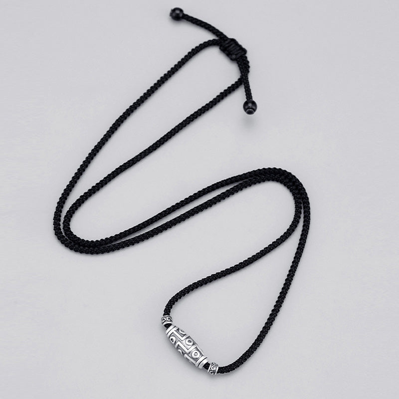 Karma Stone 999 Sterling Silver Nine-Eye Dzi Bead Pattern Protection Rope Necklace Pendant
