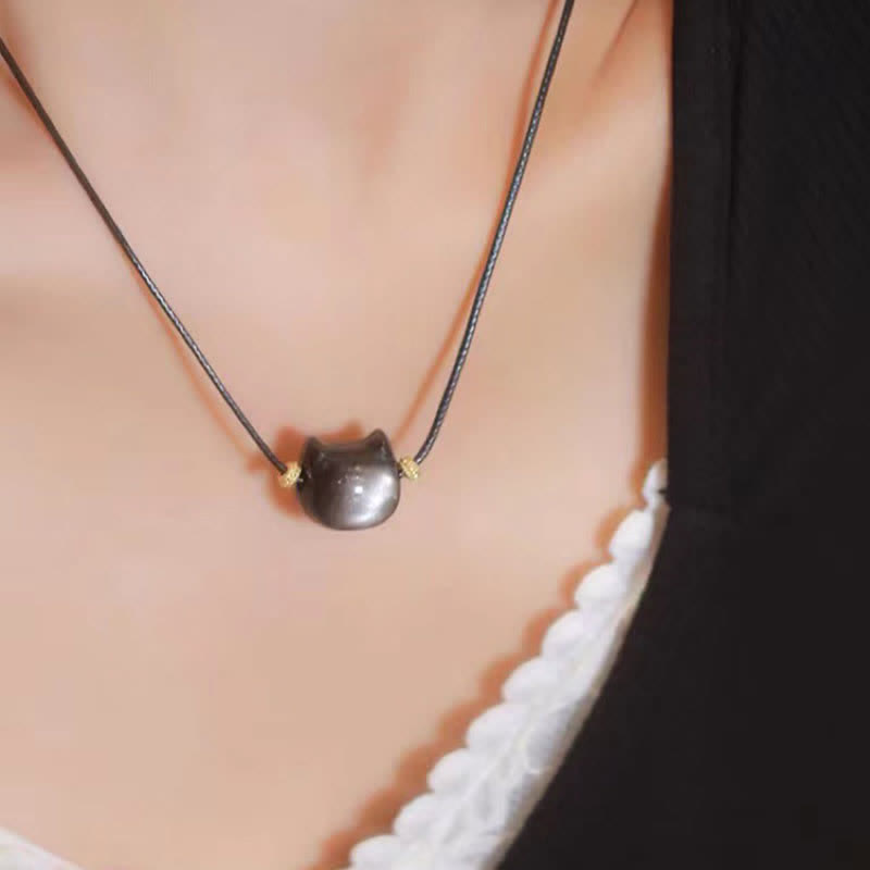 Karma Stone Gold Sheen Obsidian Silver Sheen Obsidian Lovely Paw Lucky Cat Protection Bracelet