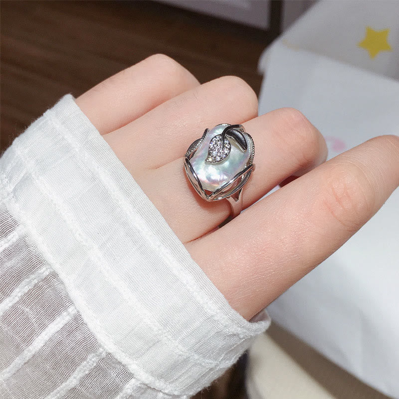 Karma Stone Pearl Copper Plated Gold Flower Happiness Wealth Ring