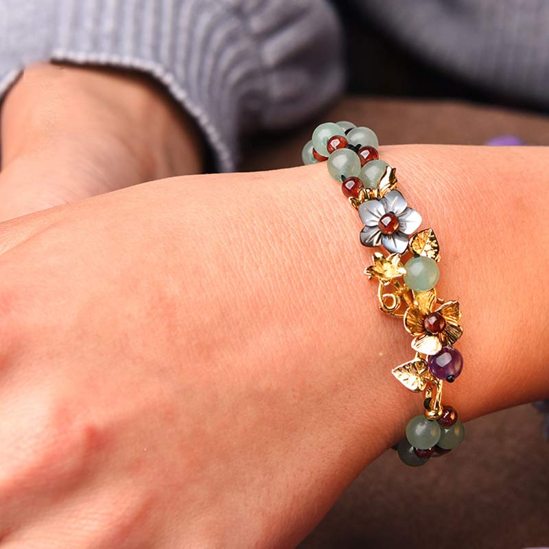 Karma Stone Green Aventurine Garnet Bead Flower Petal Luck Bracelet