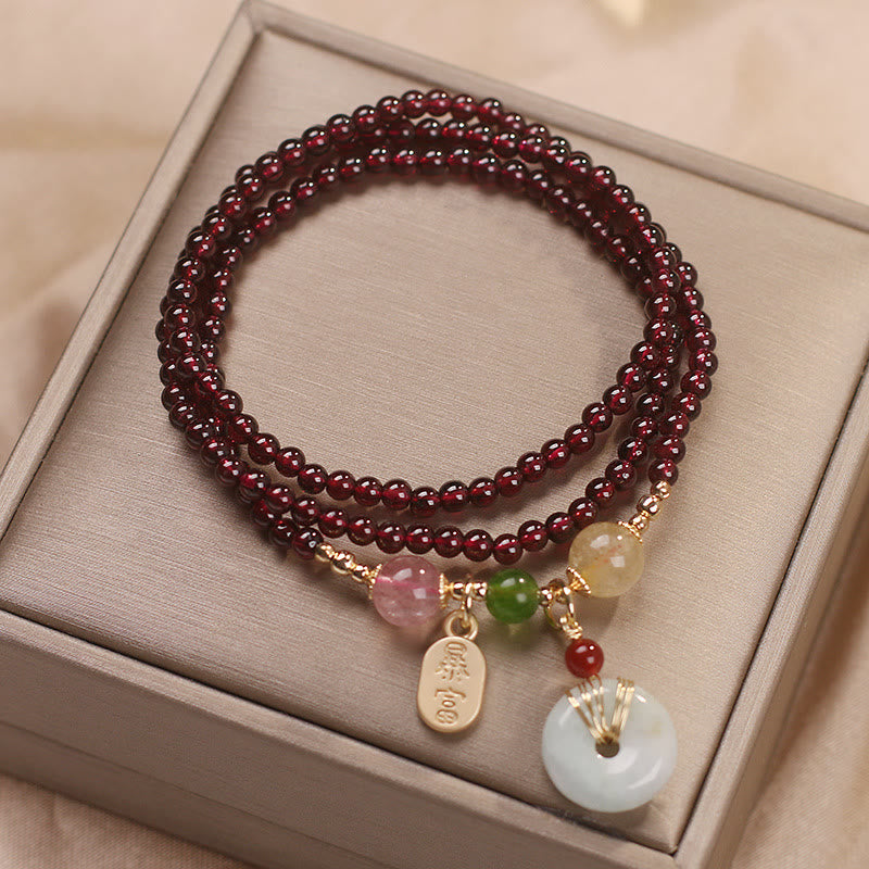 Karma Stone Natural Garnet Strawberry Quartz Crystal Fox Koi Fish Peace Buckle Fortune Protection Triple Wrap Bracelet