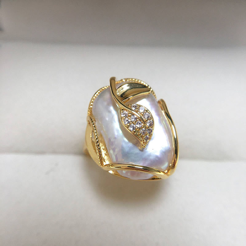 Karma Stone Pearl Copper Plated Gold Flower Happiness Wealth Ring
