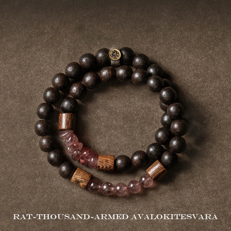Karma Stone 925 Sterling Silver Chinese Zodiac Natal Buddha Agarwood Strawberry Quartz Peace Double Wrap Bracelet