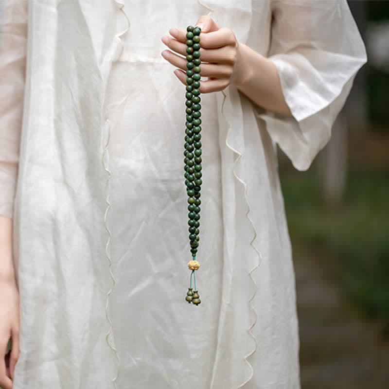 Karma Stone 108-Bead Rosary Green Sandalwood, Boxwood, Lotus, Auspicious Wooden Rosary Bracelet