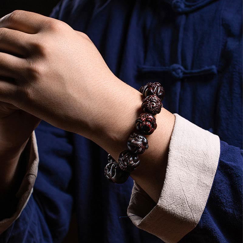 Karma Stone Chinese Zodiac Engraved Small Leaf Red Sandalwood Protection Bracelet