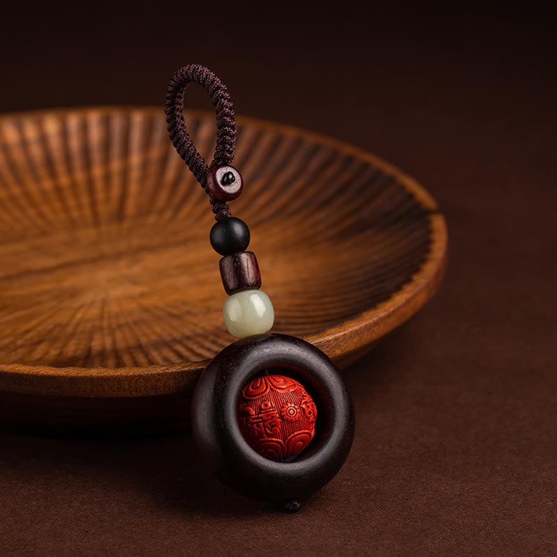 Karma Stone Tibet Om Mani Padme Hum PiXiu Copper Coin Small Leaf Red Sandalwood Cinnabar Protection Key Chain