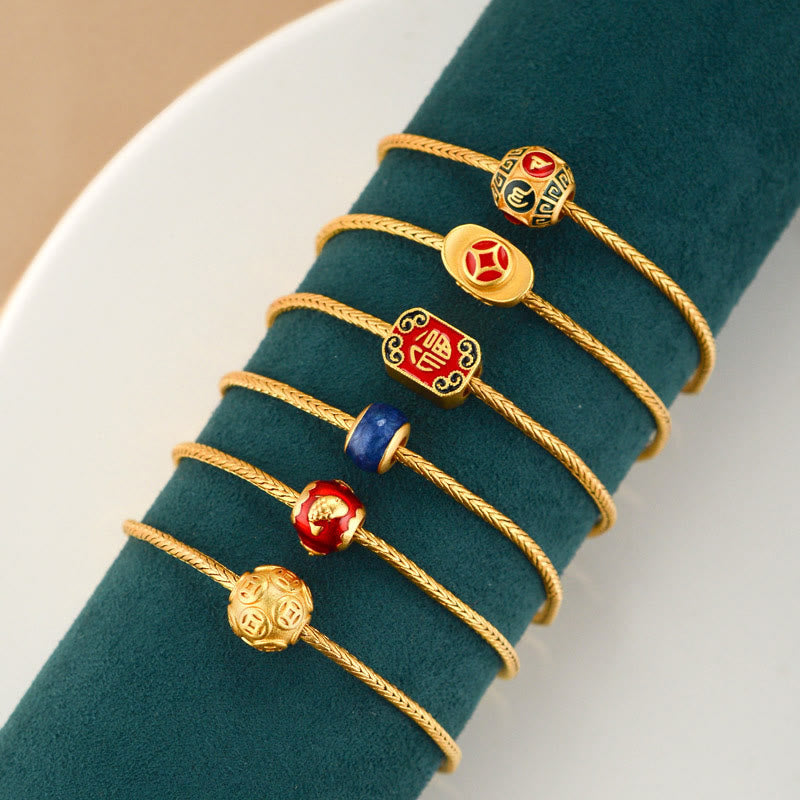 Karma Stone Tibetan 18K Gold Om Mani Padme Hum Lucky Koi Fish Fu Character Ingot Copper Coin Peace Bracelet