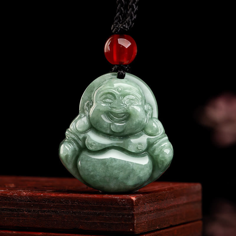 Karma Stone Natural Green Jade Laughing Buddha Luck Abundance Necklace Pendant
