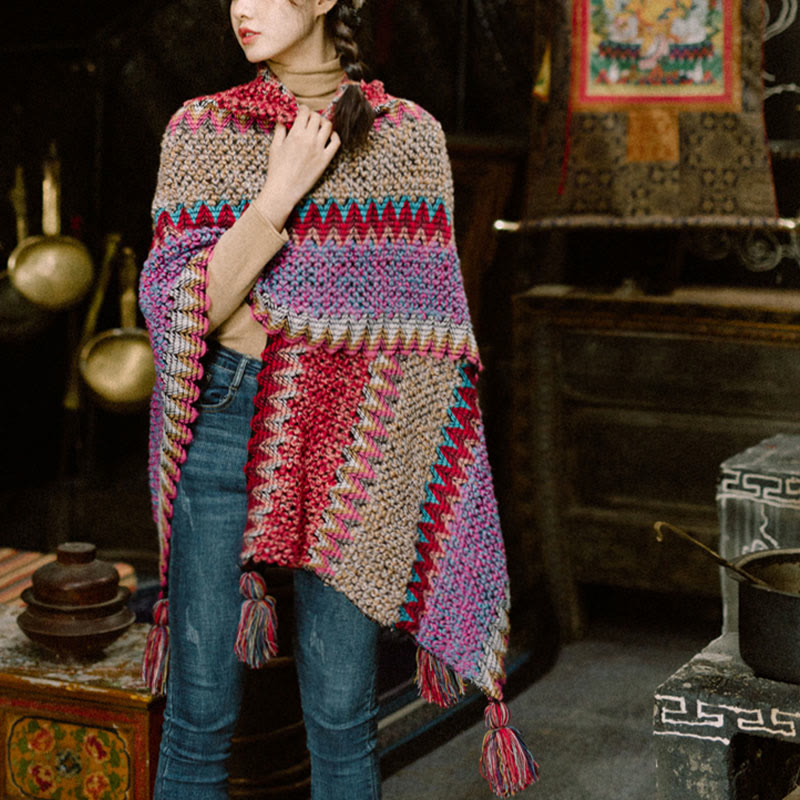 Karma Stone Tibetan Shawl Knitting Warm Cloak Tibetan Tassel Scarf