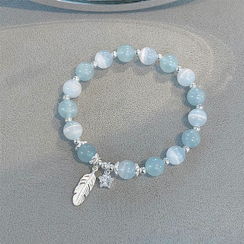 Karma Stone 925 Sterling Silver Aquamarine Cat's Eye Healing Feather Star Charm Bracelet