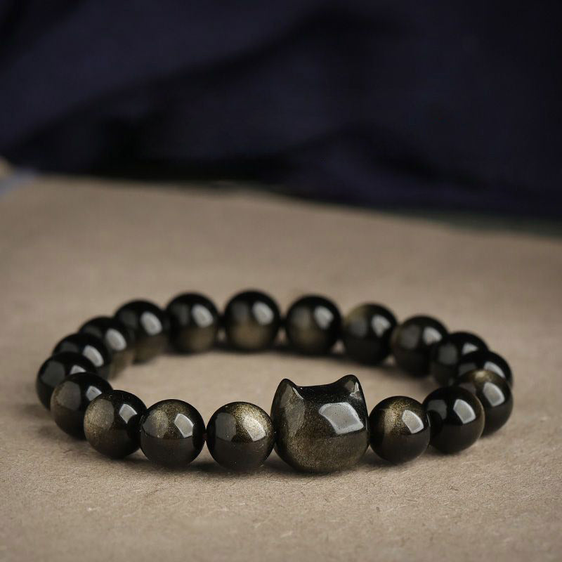 Karma Stone Gold Sheen Obsidian Silver Sheen Obsidian Lovely Paw Lucky Cat Protection Bracelet