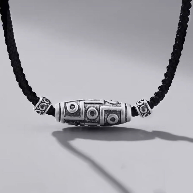 Karma Stone 999 Sterling Silver Nine-Eye Dzi Bead Pattern Protection Rope Necklace Pendant