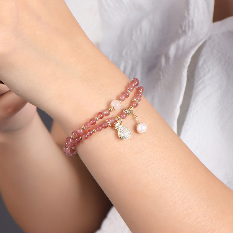 Karma Stone Strawberry Quartz Money Bag Positive Charm Double Wrap Bracelet