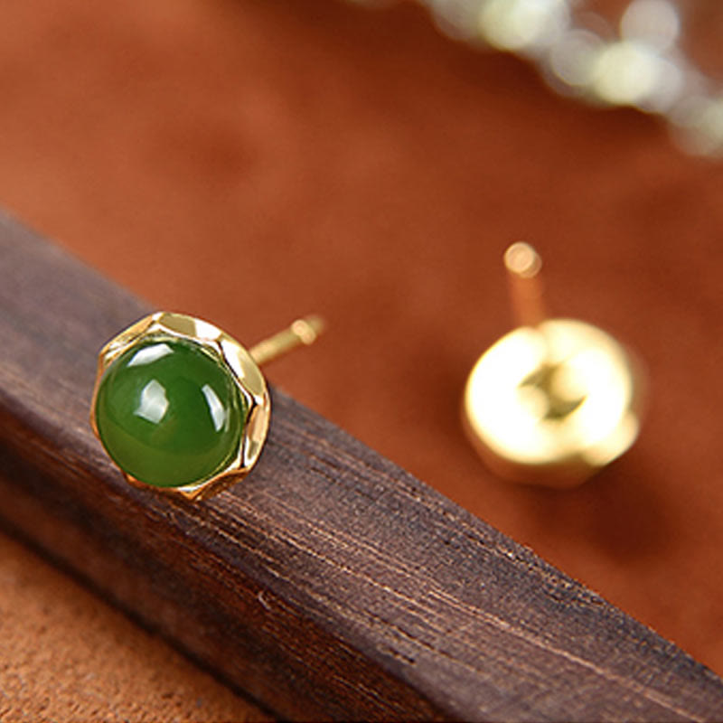 Karma Stone 925 Sterling Silver Plated Gold Natural Hetian Cyan Jade Bead Luck Stud Earrings