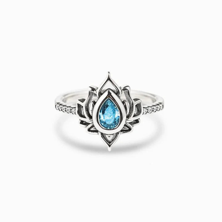 Karma Stone Sterling Silver Lotus Zircon Blessing Protection Ring