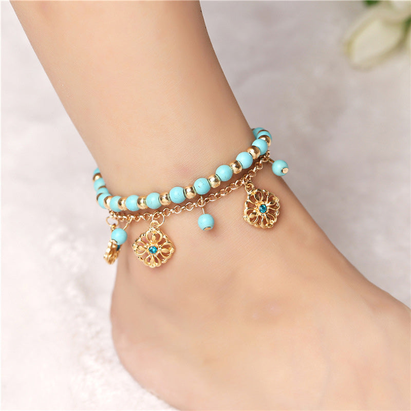 Karma Stone 2Pcs Turquoise Stone Flower Protection Bracelet Anklet