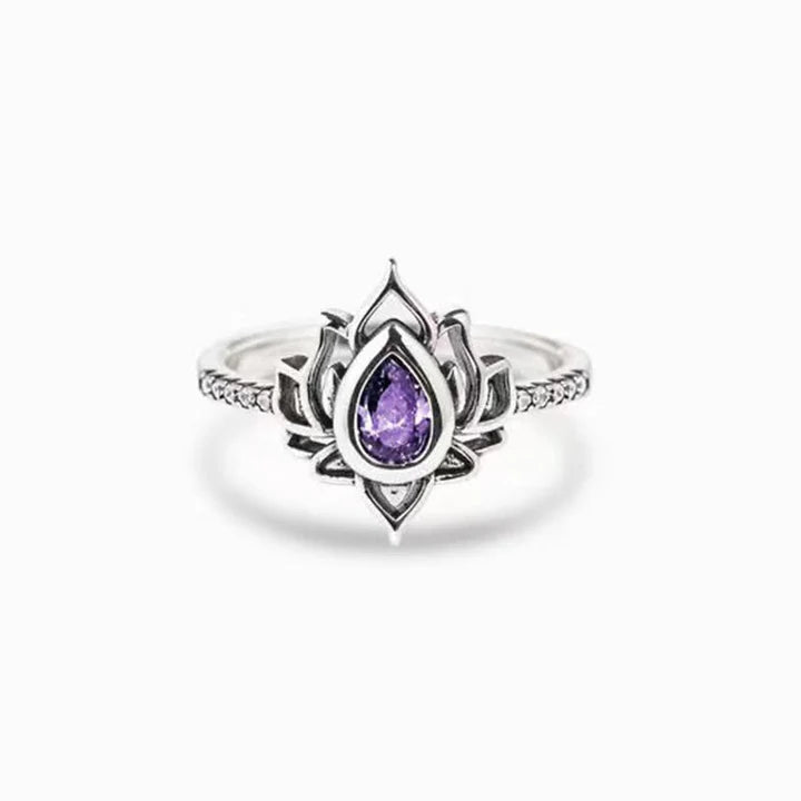 Karma Stone Sterling Silver Lotus Zircon Blessing Protection Ring