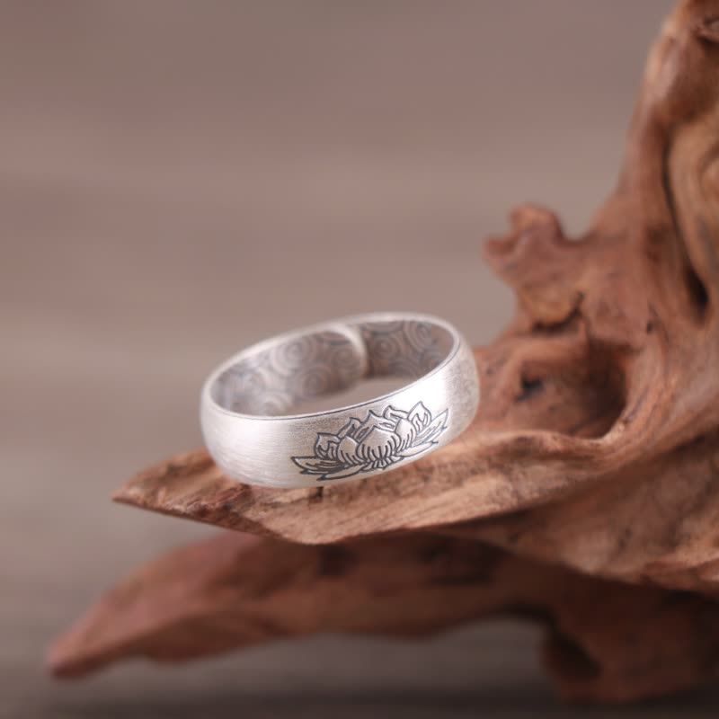 Karma Stone 999 Sterling Silver Lotus Elephant Six True Words Blessing Ring