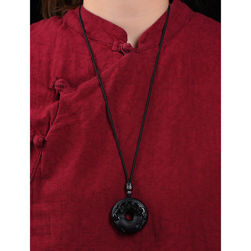 Karma Stone Chinese Zodiac Natural Black Obsidian Peace Buckle Strength Necklace Pendant