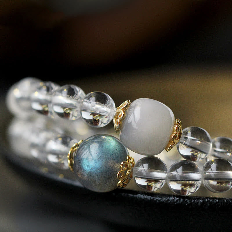 Karma Stone 925 Sterling Silver Chinese Zodiac Natal Buddha White Crystal Meditation Triple Wrap Bracelet