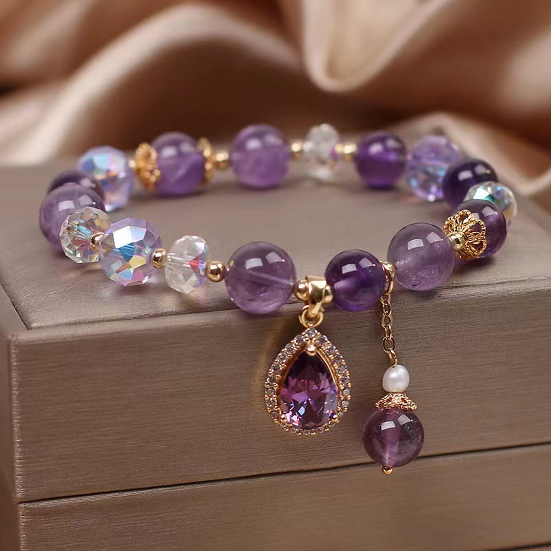 Karma Stone Natural Amethyst Zircon Love Heart Healing Soul Charm Bracelet